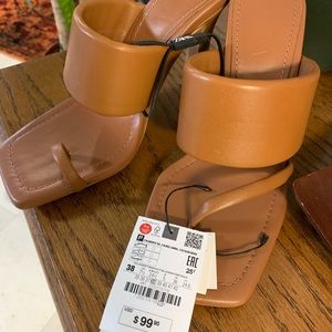 Zara heeled leather sandals padded strap, camel 38